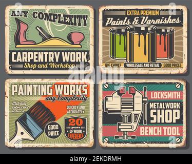 Outils de réparation de maisons enseignes en métal rouillé avec boîtes de peinture vectorielles, brosse, étau de table et rabot de cric. Menuiserie, peinture et travail du bois, serrurier et moi Illustration de Vecteur