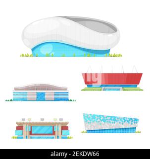 Le stade construit des icônes vectorielles de football, de football, de base-ball et de sports d'athlétisme. Construction urbaine façades modernes avec lumières et entran Illustration de Vecteur