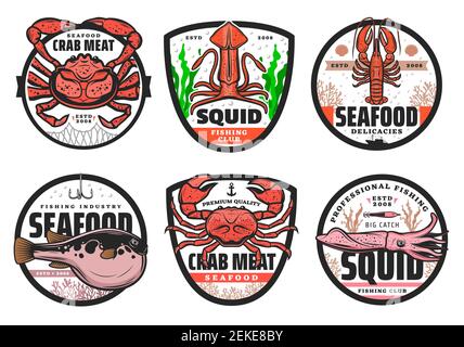 Badges de club de pêche, boutique de poissons et fruits de mer et icônes de l'industrie de la pêche. Le Fugu vecteur puffer poisson sur crochet, crabe de homard dans filet de poisson, calmar et écrevisse Illustration de Vecteur