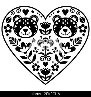 Coeur scandinave avec deux ours amoureux et fleurs folk art vectoriel, carte de vœux fleurie noir et blanc de la Saint-Valentin ou invité de mariage Illustration de Vecteur