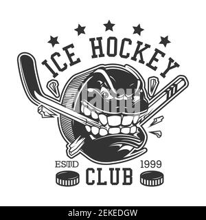 Modèle à imprimé t-shirt de club de hockey sur glace ou de ligue collégiale. Vecteur hockey sur glace équipe de sport mascotte badge de rage puck cassant bâton de hockey avec dents, cha Illustration de Vecteur