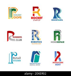 Icônes d'identité d'affaires, lettre R. Vector Ecology toitures, démarrage de fusée, Resort et loisirs. Club de sport des coureurs. Technologies et réparations robotiques, Illustration de Vecteur