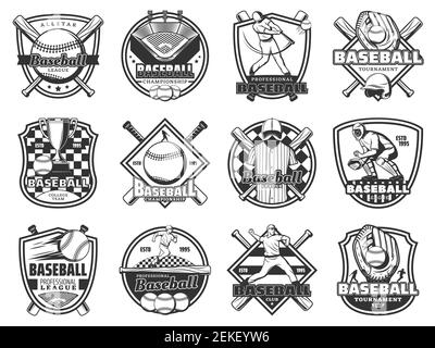 Championnat de baseball, badge de club de softball et icônes de tournoi de ligue. Emblèmes vectoriels de baseball, quart de joueur avec batte a Illustration de Vecteur