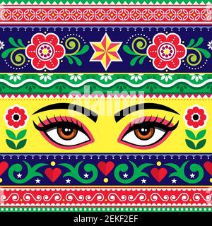 Motif vectoriel artistique pakistanais ou indien avec femme yeux et fleurs - imprimé textile ou tissu Illustration de Vecteur