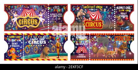 Modèles de billets pour le spectacle de cirque Big Top. Entrée Vector, billets d'entrée, dameur de cirque et équilibrage d'animaux d'éléphant, clown avec jongleurs et Illustration de Vecteur