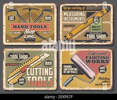 Rénovation de la maison décoration et travaux de peinture service, atelier d'outils de réparation de maison affiches vintage. Outils de travail à main Vector, cutter et arrache-ongles ou pioche, Illustration de Vecteur