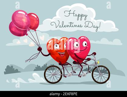 Carte de vœux Happy Valentines Day Vector avec deux coeurs affectueux et ballons rouges à vélo. Romantique amour fête célébration design Illustration de Vecteur