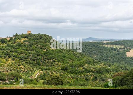 Val d'Orcia campagne à Monticchiellom Toscane, Italie avec collines ondoyantes et paysage idyllique arbres pittoresques avec fort tour à distance Banque D'Images