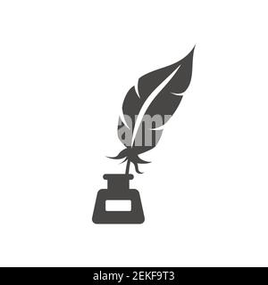Stylo à encre noire avec icône vectorielle infilée. Plume avec symbole de bouteille d'encre ou de puits. Illustration de Vecteur
