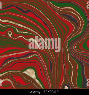 Effet de marbrure fluide en rouge avec nervures d'or. Arrière-plan en marbre liquide abstrait agate avec texture plaquée dorée. Magnifique modèle abstrait. Banque D'Images