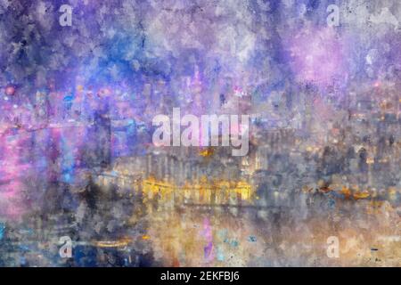 Abstrait beau bâtiment dans la capitale sur fond de peinture aquarelle. Arrière-plan abstrait et créatif peint à la main. Banque D'Images