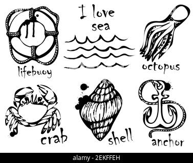 Dessins graphiques d'animaux marins. Imitation de dessins graphiques à l'encre. Dessin et créativité sur le thème de la mer. Illustrations vectorielles. Illustration de Vecteur