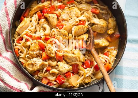 Nouilles au poulet sauce soja hoisin, poivre rouge et arachides Banque D'Images