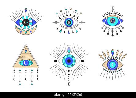 Ensemble de vecteurs d'icône de l'œil méchant. Regard coloré de la providence et symboles ésotériques. Signes magiques pour les cartes de tarot. Talisman sorcellerie, alchimie et tatouage magique Illustration de Vecteur