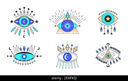 Ensemble de vecteurs d'icône de l'œil méchant. Regard coloré de la providence et symboles ésotériques. Signes magiques pour les cartes de tarot. Talisman sorcellerie, alchimie et tatouage magique Illustration de Vecteur