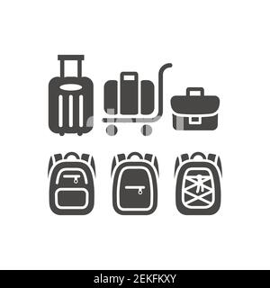 Jeu d'icônes vectorielles noir de bagages. Symboles valise, sac à main et sac à dos. Illustration de Vecteur