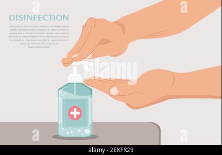 Bannière de nettoyer vos mains. Désinfectant pour les mains. Hygiène personnelle. Utiliser du gel antiseptique pour nettoyer les mains et prévenir les germes. Application d'un assainisseur hydratant Illustration de Vecteur