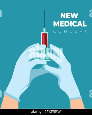 Médecin tenant une seringue avec une illustration de vecteur d'injection. Prévention des maladies virales. Vaccin COVID-19. Seringue avec du sang. Injection. Illustration de Vecteur