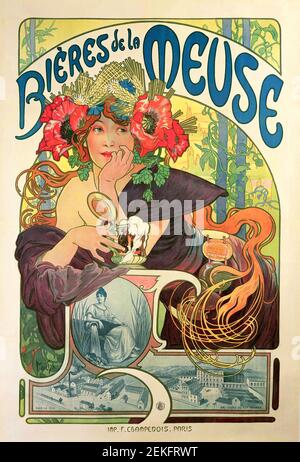 Alphonse Mucha, affiche publicitaire pour 'Bieres de la Meuse', lithographie couleur, 1897. Alfons Maria Mucha (1860 -1939) est un peintre, illustrateur et graphiste tchèque de style Art nouveau, Banque D'Images