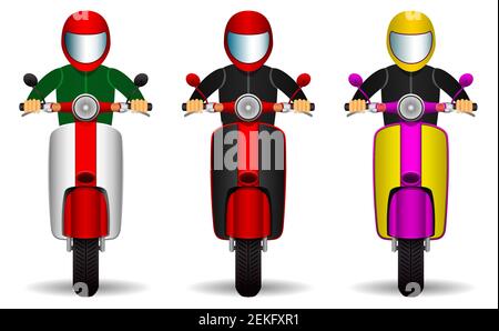 les pilotes de scooter se mettent en place. les motards et leurs trottinettes de différentes couleurs. vue de face. Objets isolés sur fond blanc. Illustration vectorielle. Illustration de Vecteur
