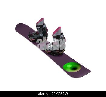 Snowboard et boots isolated on white Banque D'Images