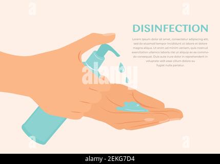 Bannière de nettoyer vos mains. Désinfectant pour les mains. Hygiène personnelle. Utiliser du gel antiseptique pour nettoyer les mains et prévenir les germes. Application d'un assainisseur hydratant Illustration de Vecteur