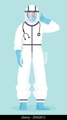 Médecin portant un costume de protection et montrant l'illustration du vecteur pouce vers le haut. Médecin avec écran facial et combinaison de protection complète pour combattre le coronavirus Illustration de Vecteur