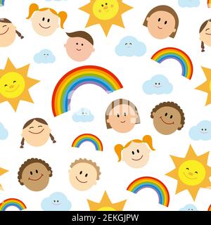 Motif puéril coloré sans coutures. Arrière-plan avec des enfants souriants, un soleil mignon, un arc-en-ciel et des nuages. Banque D'Images