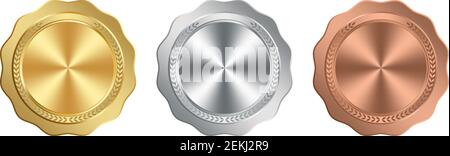 Médaillon vecteur en or, argent, bronze sur fond blanc isolé. Illustration vectorielle avec dégradés lisses et couronne de Laurier lors de la cérémonie olympique. Illustration de Vecteur