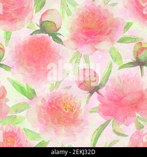 Fleurs de pivoines roses aquarelle. Magnifique motif fleuri sans coutures. Aquarelle dessin à la main printemps illustration botanique arrière-plan. Imprimé pour textile Banque D'Images