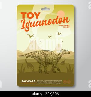 Modèle d'étiquette de dinosaure de jouet. Résumé Vector Packaging Design Layout. Typographie moderne avec paysage de volcan préhistorique et Iguanodon dessiné à la main Illustration de Vecteur