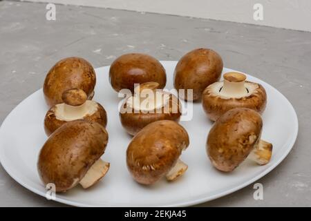 Grands champagnes royaux sur une assiette blanche. Champignons bruns frais pour la cuisson. Gros plan, mise au point sélective. Banque D'Images