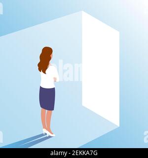 Une jeune femme se tient devant une porte ouverte. Fait un choix et prend une décision. En avance sur les nouvelles opportunités et le travail. Illustration vectorielle Illustration de Vecteur