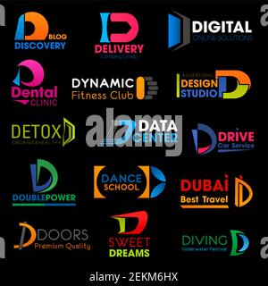 D composition des icônes de l'identité de l'entreprise. Vector D signe la logistique de livraison, numérique en ligne et design studio ou marque de produit cosmétique Illustration de Vecteur