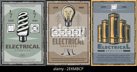 Service électrique, ampoules à économie d'énergie, prises et interrupteurs, vecteur de batteries électriques. Économisez de l'énergie, l'entretien de l'électricité, les équipements électriques Illustration de Vecteur