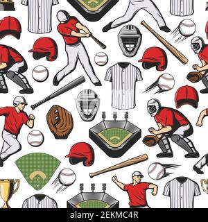 Motif de sport de base-ball sans coutures avec articles de sport et joueurs. Batte et balle Vector, casque et uniforme, coupe trophée, gant et stade. Équipement et Illustration de Vecteur