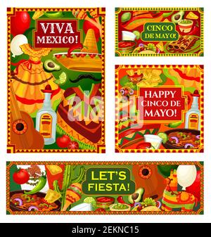 Affiches de vacances mexicaines Cinco de Mayo et bannières de célébration de fiesta. Vector Cinco de Mayo Party cuisine traditionnelle, maracas et cactus, Mexique drapeaux an Illustration de Vecteur