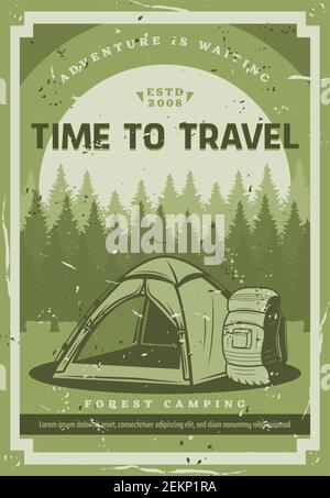 Camping aventure, montagne et forêt nature sauvage voyages. Tente de campement touristique Vector, sac à dos touristique, expédition de scouts et extrême nature e Illustration de Vecteur