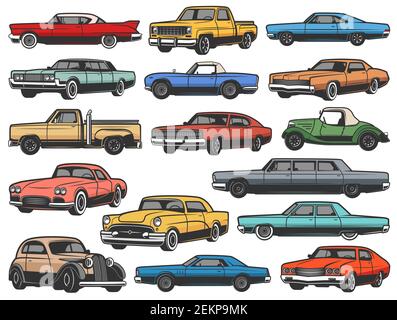 Voitures rétro vectorielles vintage et objets isolés de véhicules. Vieux modèles de véhicule classique et ancien de muscle sport rallye voiture, camion et cabriolet, coupé o Illustration de Vecteur