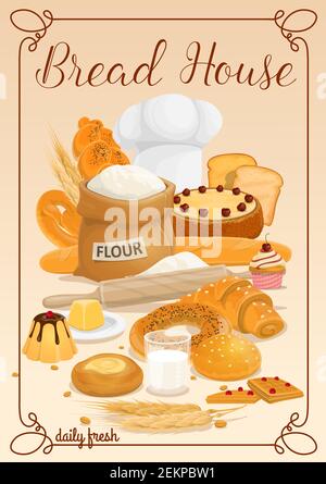 Pain de boulangerie et produits alimentaires cuits au four, pâtisseries et bonbons. Sac de farine Vector Bread House, punaise et chapeau de chef boulanger, biscuits au blé et pudding Illustration de Vecteur