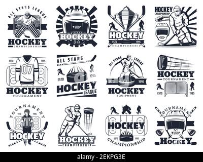 Emblèmes du club de hockey sur glace et icônes de coupe de championnat de tournoi. Cache de hockey sur glace Vector, bâton et masque de gardien de but, équipement professionnel et outf Illustration de Vecteur