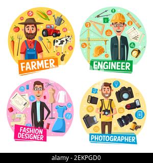Icônes vectorielles d'ingénieurs, d'agriculteurs, de photographes et de créateurs de mode avec des professions de la construction, de l'agriculture, de la photographie et de l'industrie de la mode. Queue Illustration de Vecteur