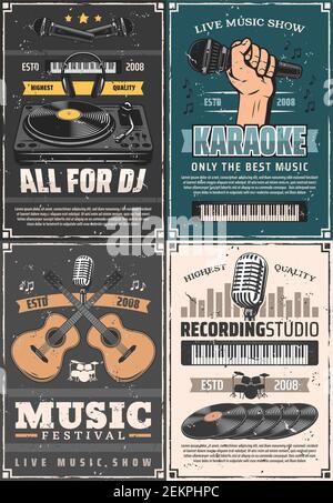 Instruments de musique, microphone et équipement sonore conception vectorielle de thèmes musicaux. Guitares, batterie et casque, disques vinyles, DJ Player et equaliz Illustration de Vecteur