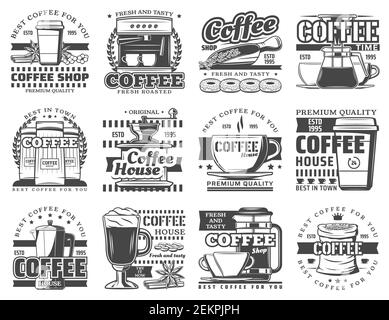 Symboles vecteur de café avec tasses de boisson chaude et machine à espresso, grains de café, moulin et pot, tasse à cappuccino et gobelet à emporter au lait, beignets, Illustration de Vecteur
