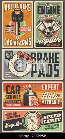 Bannières de pièces de rechange pour le service après-vente de voiture avec moteur automatique Vector, plaquettes de frein de véhicule et huile moteur, clé d'alarme, piston, cylindre et compteur de vitesse. Garag. Mécanique Illustration de Vecteur