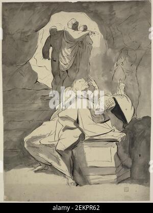Johann Heinrich Füsli (1741-1825); Georg Romney (1734-1802); Perino del Vaga (1501-1547), scène de figure dans une grotte. Au premier plan un homme désespéré par une tombe, 1770s Banque D'Images