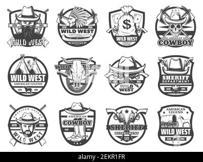 Wild West vector icônes de cow-boy, shérif et crâne, les chapeaux de l'Ouest américain, les canons et l'insigne d'étoile de ranger, le cheval, le wagon d'époque et le chef indien, tournent Illustration de Vecteur