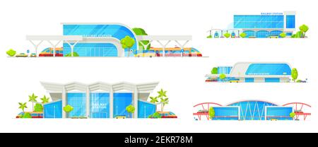 Bâtiment de la gare, plate-forme ferroviaire et infrastructure du terminal des passagers. Vector isolé icônes de chemin de fer moderne, gare routière bâtiment avec pub Illustration de Vecteur