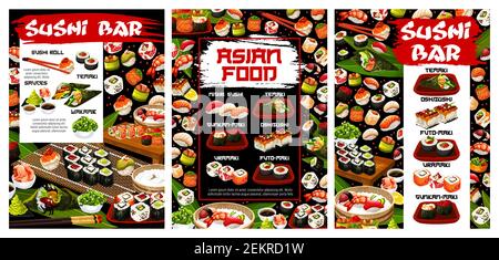 Menu du bar à sushis, cuisine japonaise de fruits de mer. Rouleaux et sauces de sushi Vector, oshi zushi et uramaki, gunkan-maki et futomaki. Rouleaux et baguettes Temaki Illustration de Vecteur