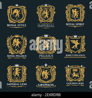 Insignes royaux et emblèmes de boucliers dorés vectoriels avec lions héraldiques, couronnes et aigle, épées de roi ou de chevalier, pegasus et griffins, tours de château an Illustration de Vecteur